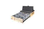 Campingbox CampBoks® Lite 2.0 mit beiden Stauraumauszügen geöffnet: drei Euroboxen links und fünf rechts.